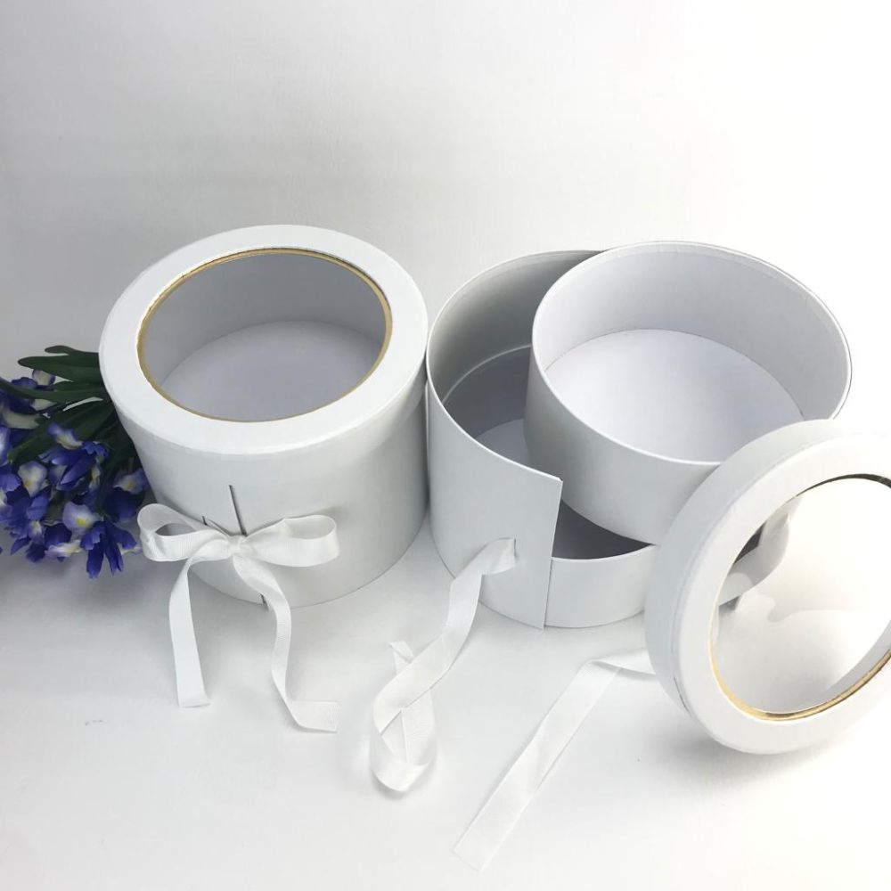 premium-quality-european-style-round-shape-flower-gift-box-white-w9591-4 2-tiered Round Shaped Flower/Gift Box, Size 7.8" dia x 6.7", Plastic Liner, Various Colors | W959