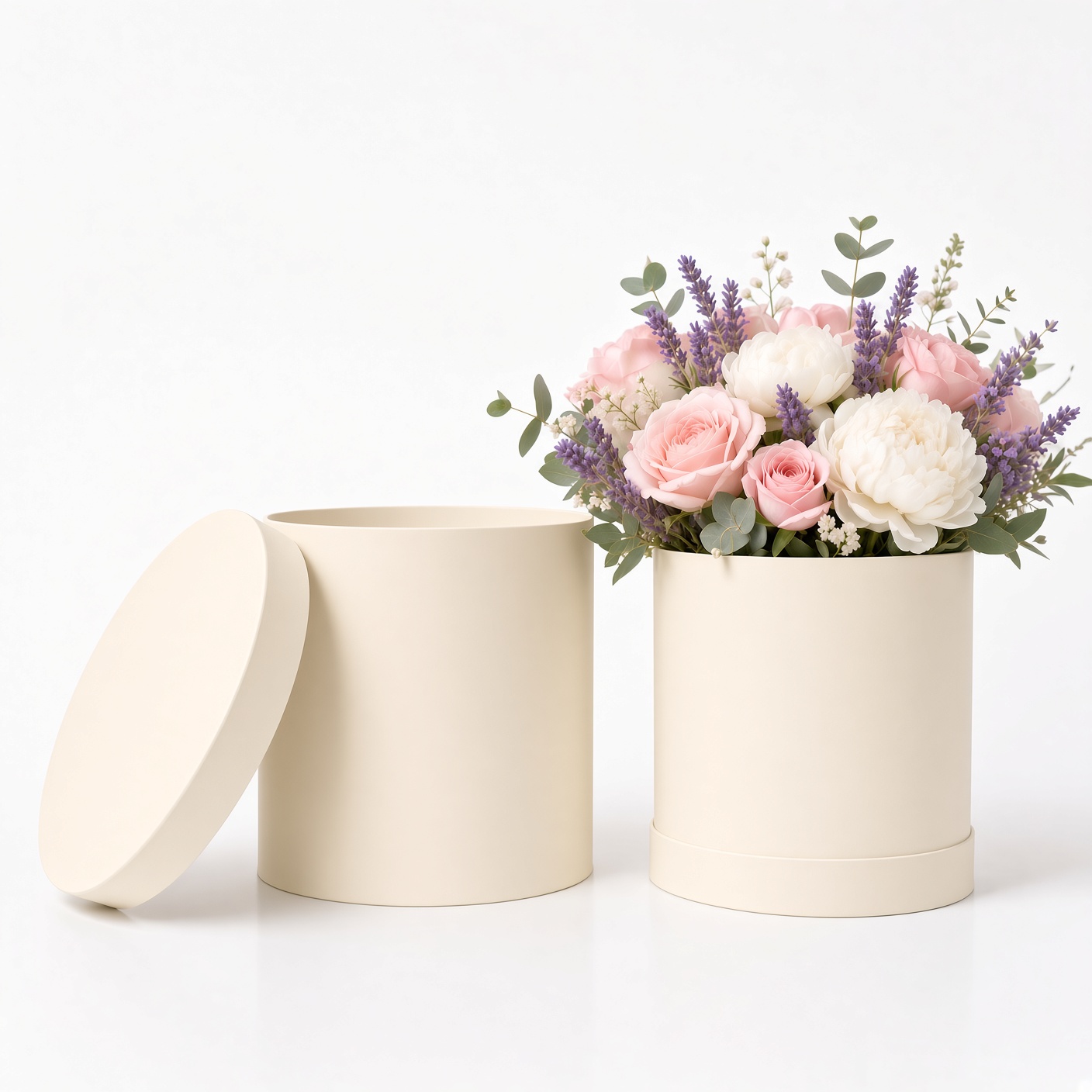 round-flower-box-heart-white-navy-blue-pink-dusty-rose-upscale-party-favor-red-fancy-gift-boxes-birthday-modern-design-flowers-florist-supplies-roses-bouquet-wrap-for-arrangements-W288-4 Set of 2, Round Flower/Gift Boxes with Lids, Pastel Collection | W288