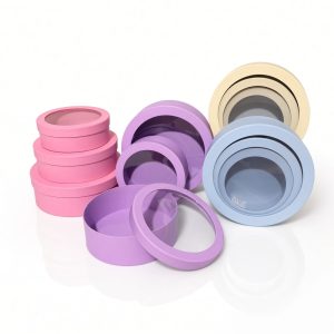 Set of 3 nested round flower gift boxes with clear lids in pink, lilac, baby blue, and beige, SKU W130