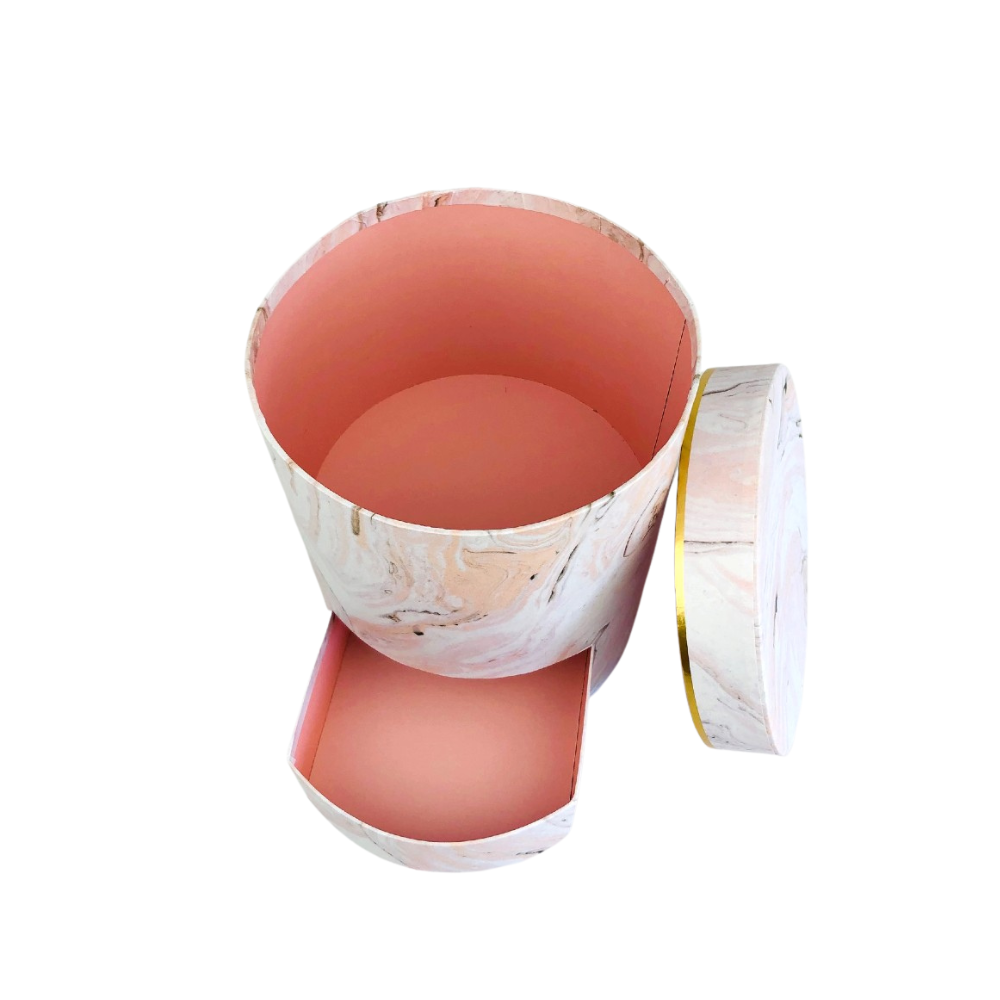 Round Shaped Flower Gift Box, with Tray, Size 6.7" dia x 7.9", Marble Design | W674