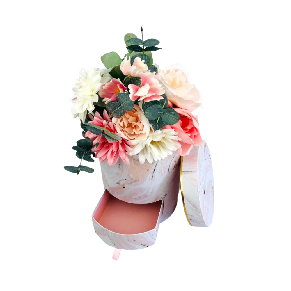 Round Shaped Flower Gift Box, with Tray, Size 6.7" dia x 7.9", Marble Design | W674