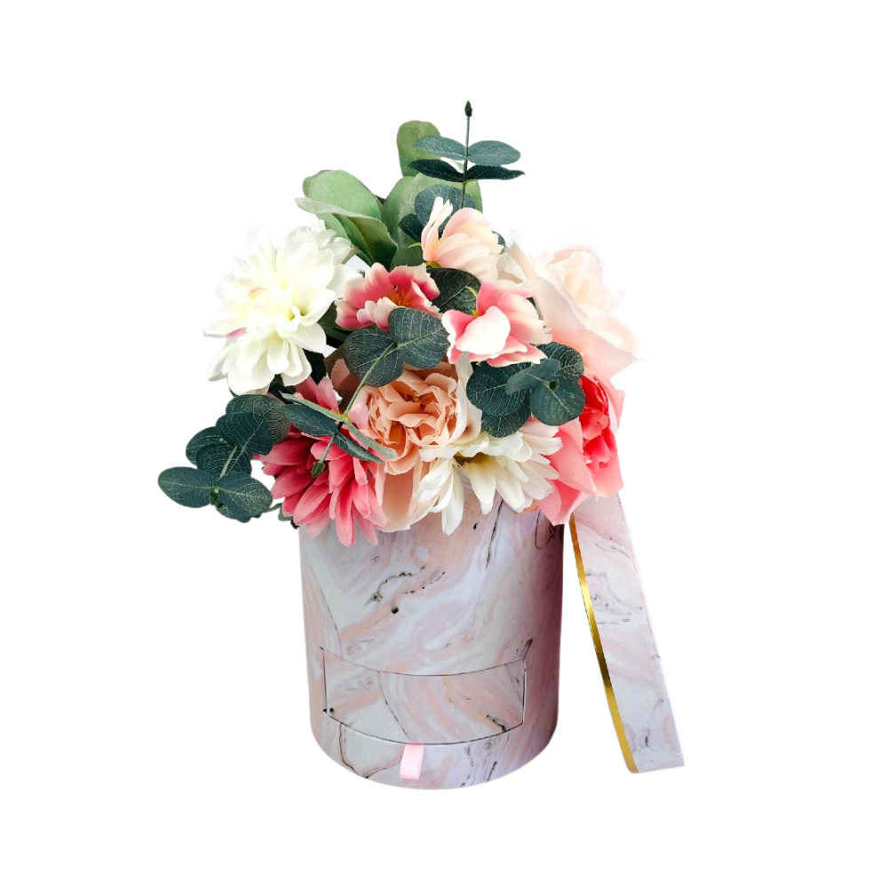 Round Shaped Flower Gift Box, with Tray, Size 6.7" dia x 7.9", Marble Design | W674