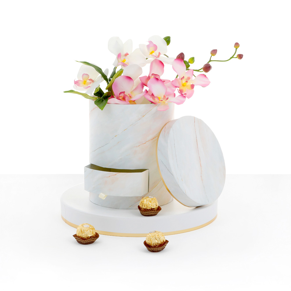 Round Shaped Flower Gift Box, with Tray, Size 6.7″ dia x 7.9″, Marble