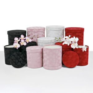 Large velvet round flower hat boxes, lot of 12 nested sets of 3 in black, pink, white and red, W564
