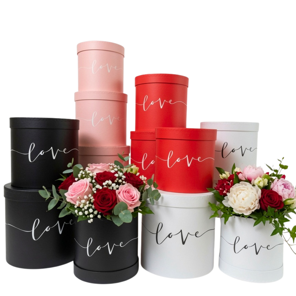 Set of 3, Cylinder Shaped Boxes, Love Design, Various Colors I W387-388