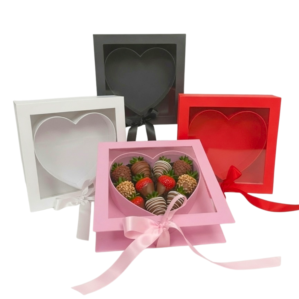unikpackaging-W183-black-box-with clear-lid-for chocolates-strawberry-chocolate-covered-zephyr-marshmallow-cajas-supplies-for bakers-1 Square Box with Clear Window and Heart Insert, Various Colors | W183