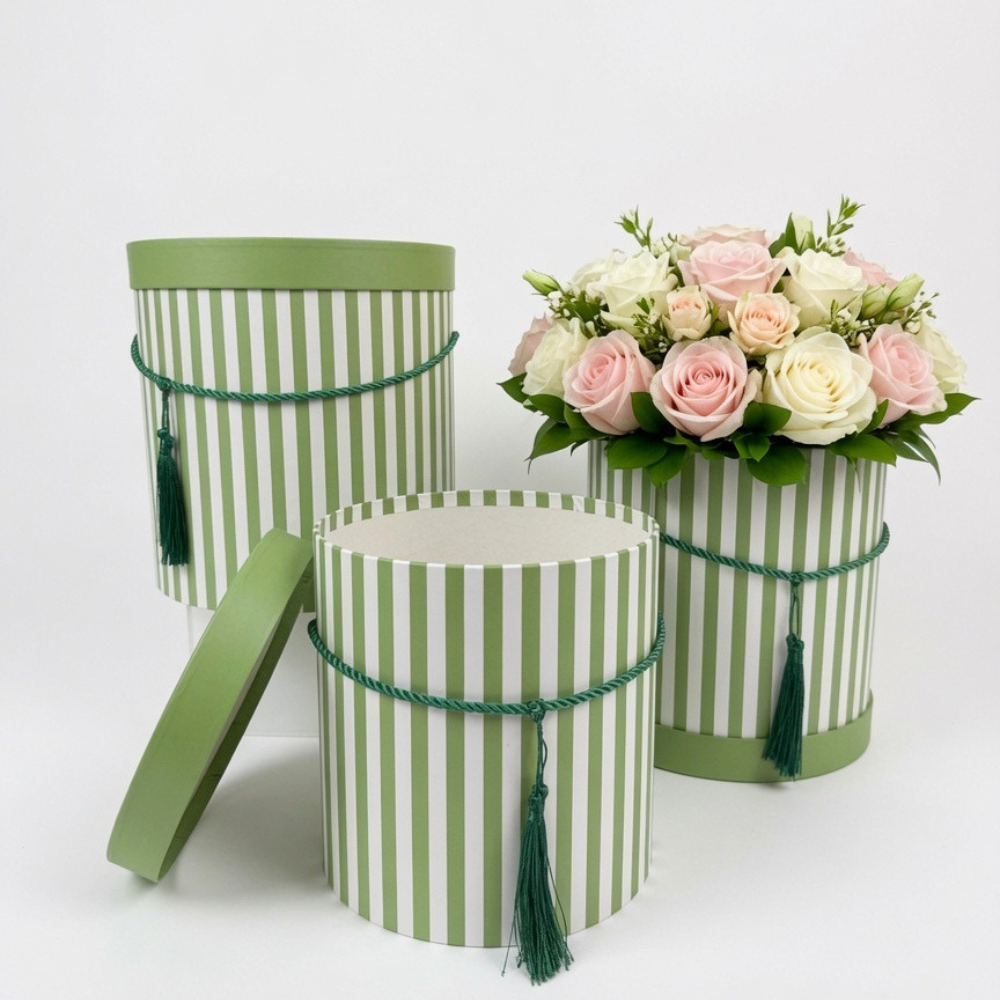 Set of 3, Large Round Flower/Gift Boxes with Lids, Color Stripes Design | W935