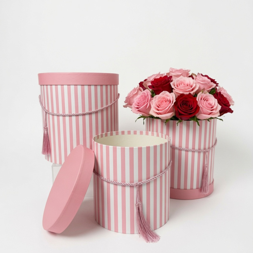Set of 3, Large Round Flower/Gift Boxes with Lids, Color Stripes Design | W935
