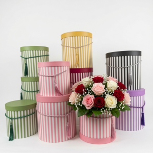 Set of 3, Large Round Flower/Gift Boxes with Lids, Color Stripes Design | W935