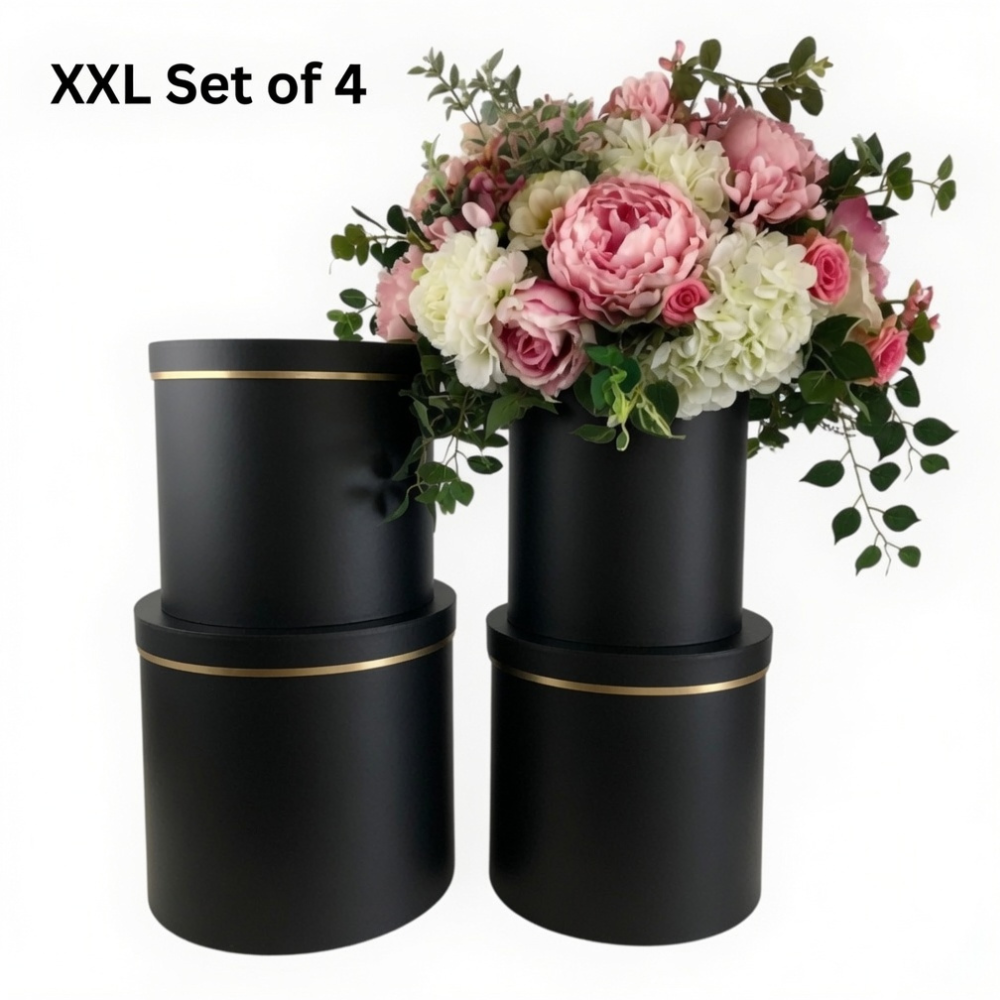 unikpackaging-flower-gift-box-florist-supplies-black-xxl-large-round-W9321B Lot of 4 sets - XXL Size Boxes - Set of 4, Black with Golden Rim | W9321B