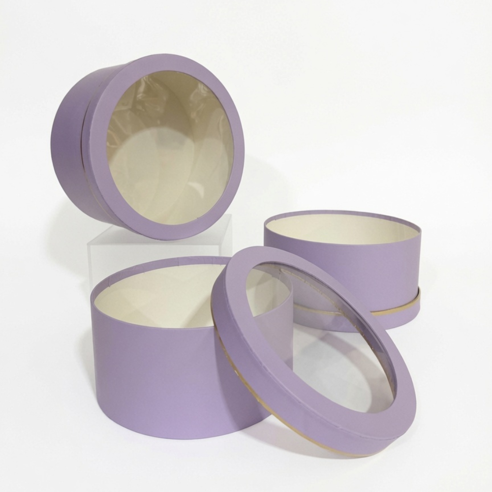 unikpackaging-flower-gift-boxes-zephyr-roses-round-lavender-w2005 Set of 3 Round Boxes with Clear Window Lids, Various Colors, W200