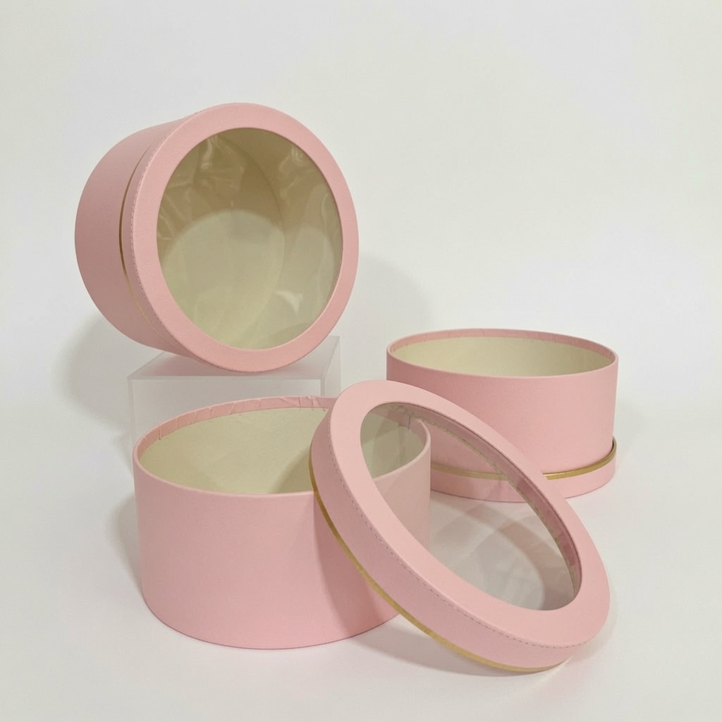 unikpackaging-flower-gift-boxes-zephyr-roses-round-pink-w2003 Set of 3 Round Boxes with Clear Window Lids, Various Colors, W200