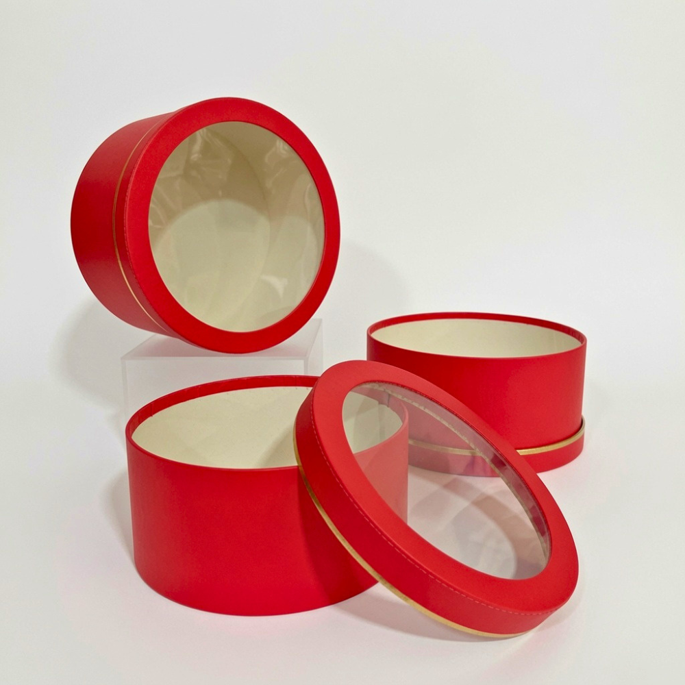 unikpackaging-flower-gift-boxes-zephyr-roses-round-red-w2004 Set of 3 Round Boxes with Clear Window Lids, Various Colors, W200