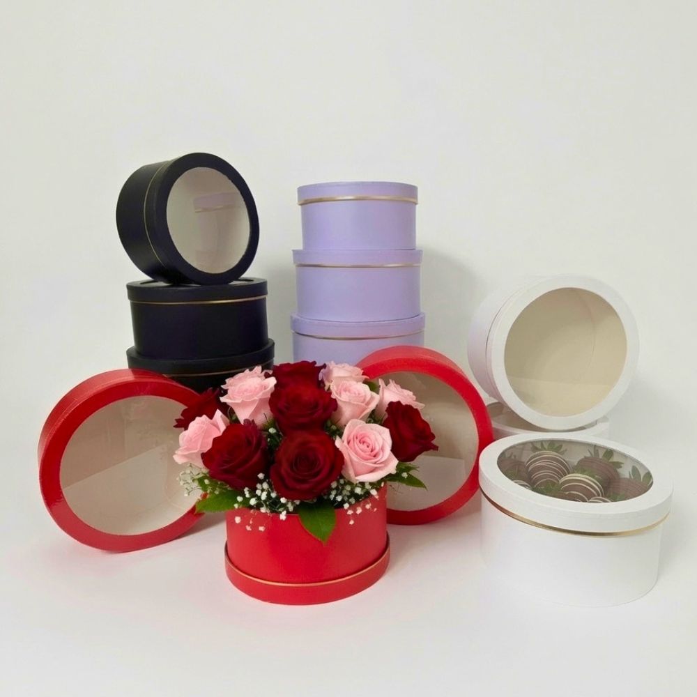 unikpackaging-flower-gift-boxes-zephyr-roses-round-w200 Set of 3 Round Boxes with Clear Window Lids, Various Colors, W200