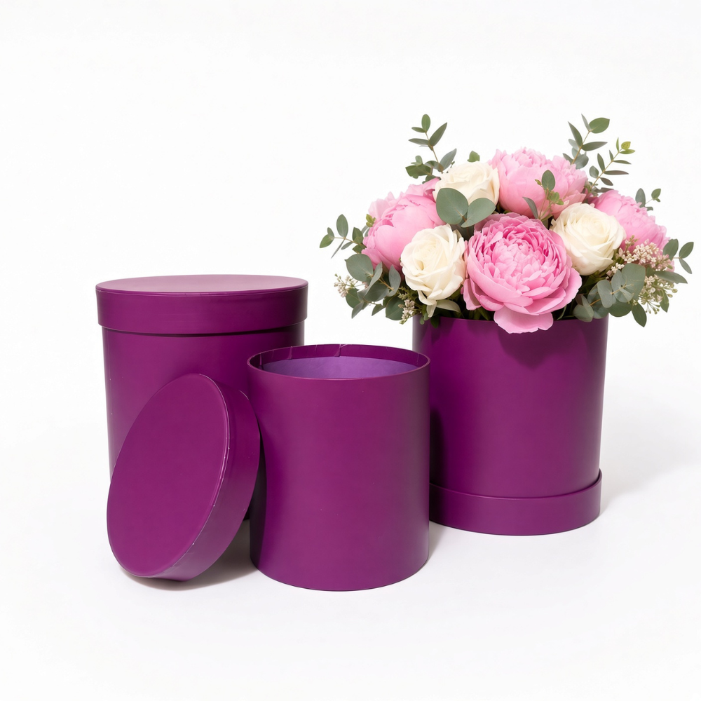 unikpackaging-round-flower-boxes-set-of-3-with-lids-W730-burgundy-red Set of 3 Nested Round Flower Gift Boxes with Lids & Plastic Liners | Florist Hat Boxes | W730