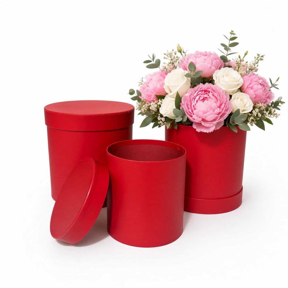 unikpackaging-round-flower-boxes-set-of-3-with-lids-W730-cherry-red Set of 3 Nested Round Flower Gift Boxes with Lids & Plastic Liners | Florist Hat Boxes | W730