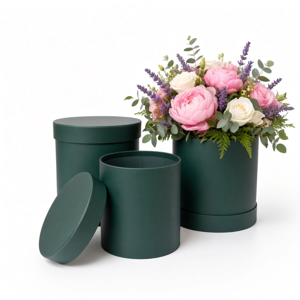 unikpackaging-round-flower-boxes-set-of-3-with-lids-W730-emerald Set of 3 Nested Round Flower Gift Boxes with Lids & Plastic Liners | Florist Hat Boxes | W730