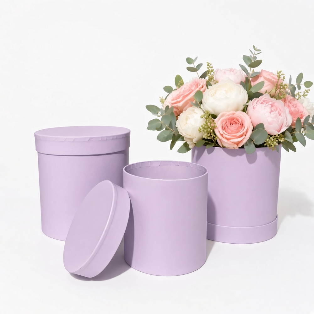 unikpackaging-round-flower-boxes-set-of-3-with-lids-W730-lilac Set of 3 Nested Round Flower Gift Boxes with Lids & Plastic Liners | Florist Hat Boxes | W730