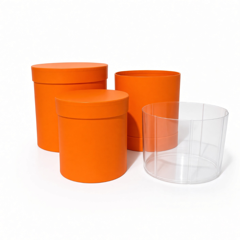 unikpackaging-round-flower-boxes-set-of-3-with-lids-W730-orange-1 Set of 3 Nested Round Flower Gift Boxes with Lids & Plastic Liners | Florist Hat Boxes | W730