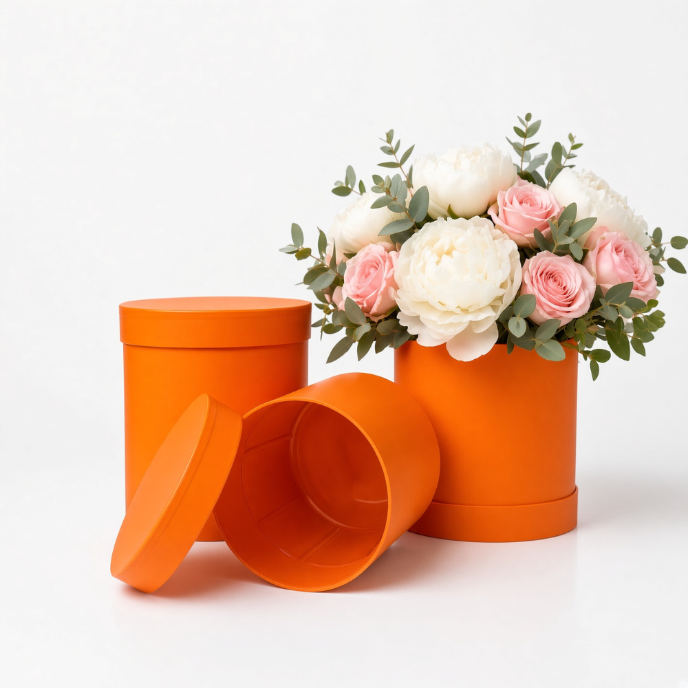 unikpackaging-round-flower-boxes-set-of-3-with-lids-W730-orange Set of 3 Nested Round Flower Gift Boxes with Lids & Plastic Liners | Florist Hat Boxes | W730