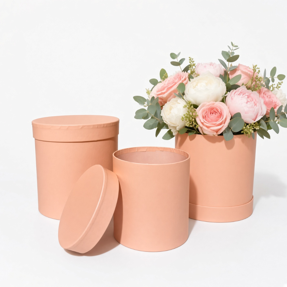 unikpackaging-round-flower-boxes-set-of-3-with-lids-W730-peach Set of 3 Nested Round Flower Gift Boxes with Lids & Plastic Liners | Florist Hat Boxes | W730
