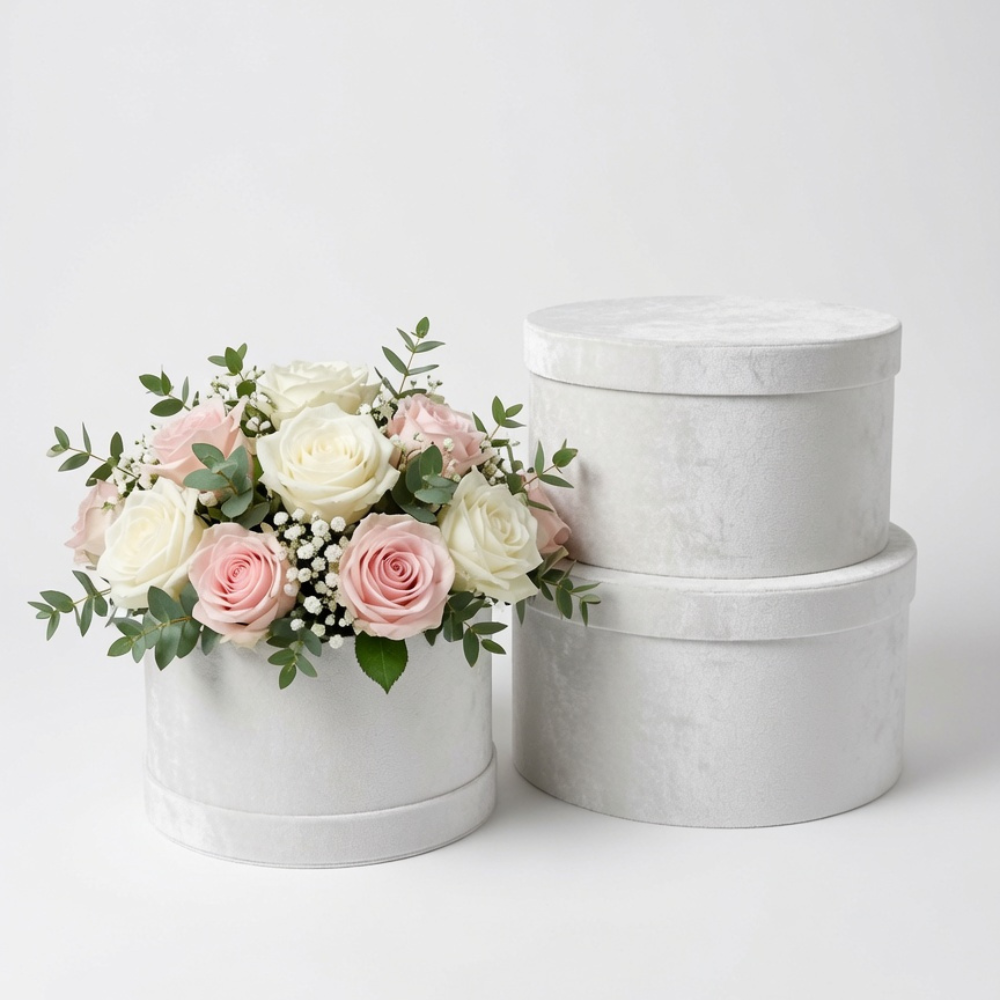 unikpackaging-velour-velvet-box-set-of-3pcs-flower-boxes-floral-supplies-W155-2 Set of 3, Luxurious Velour Large Round Flower/Gift Boxes with Lids, Various Colors | W155