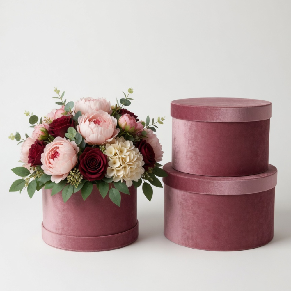 unikpackaging-velour-velvet-box-set-of-3pcs-flower-boxes-floral-supplies-W155-6 Set of 3, Luxurious Velour Large Round Flower/Gift Boxes with Lids, Various Colors | W155