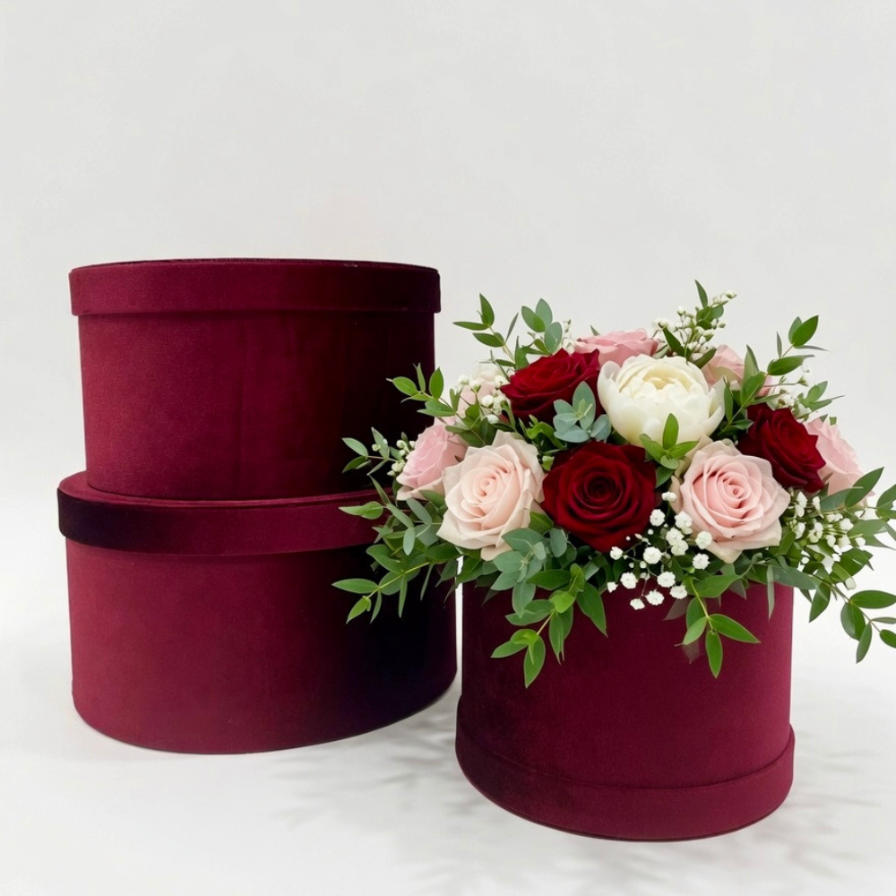 unikpackaging-velour-velvet-box-set-of-3pcs-flower-boxes-floral-supplies-W155-7 Set of 3, Luxurious Velour Large Round Flower/Gift Boxes with Lids, Various Colors | W155