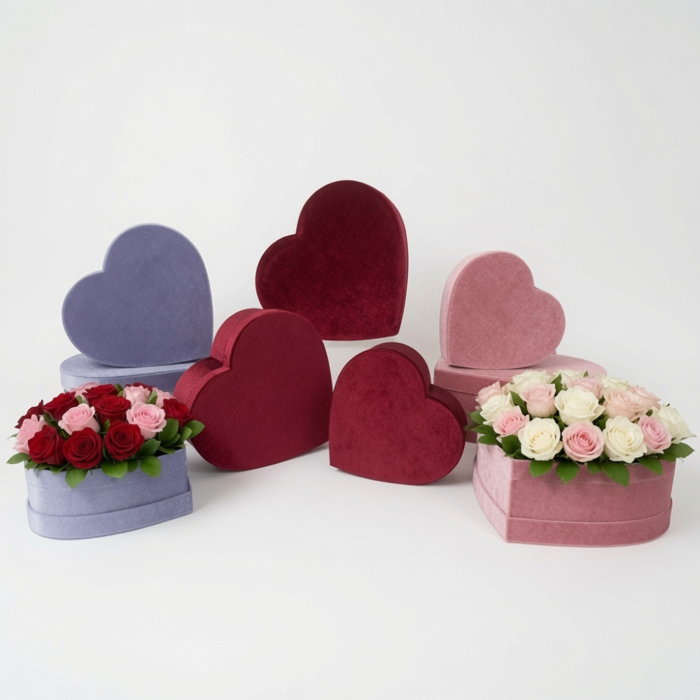 unikpackaging-velour-velvet-flower-gift-box-florist-supplies-W145-1 Velour Set of 3 Heart Shaped Flower Gift Boxes, Various Colors | W145