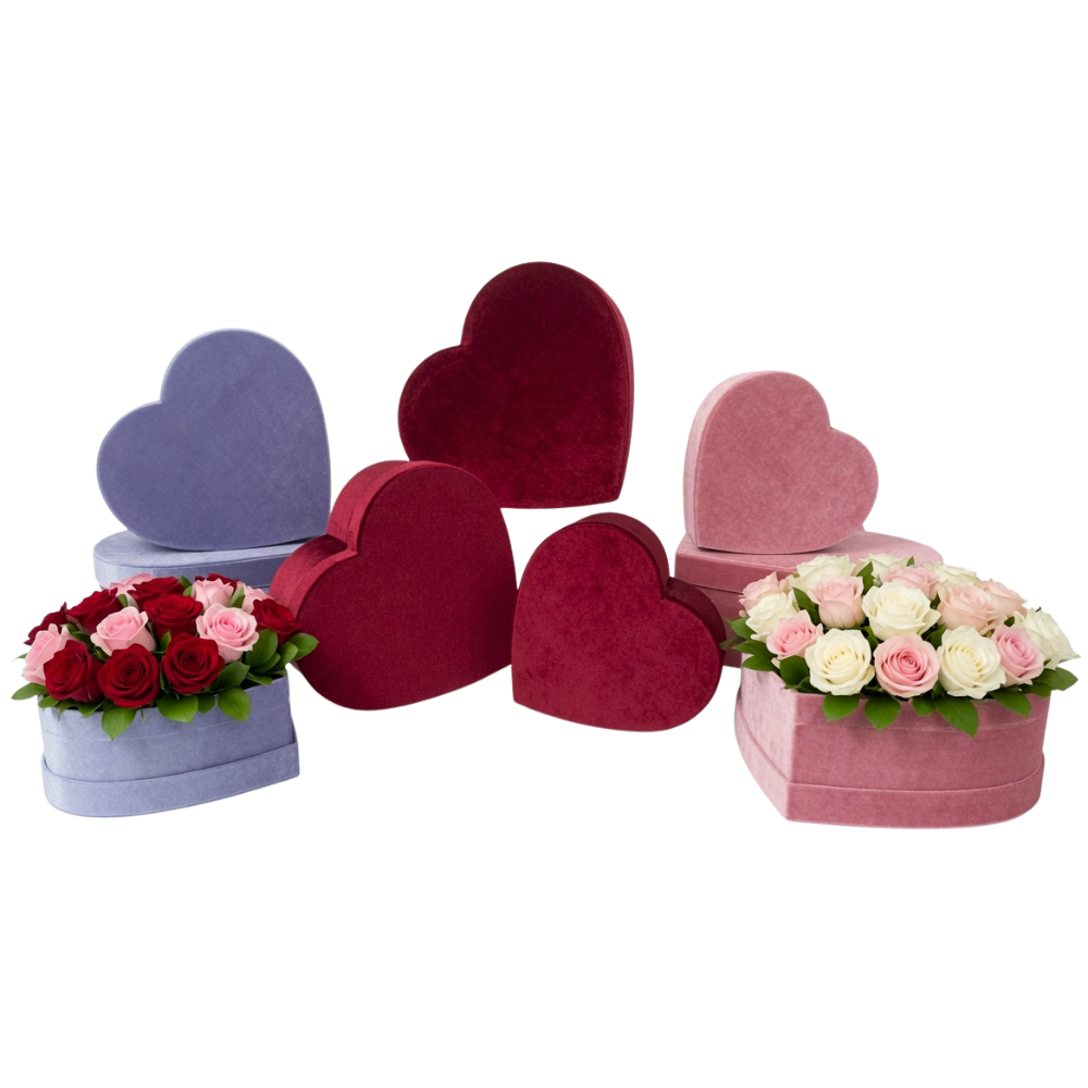 unikpackaging-velour-velvet-flower-gift-box-florist-supplies-W145 Velour Set of 3 Heart Shaped Flower Gift Boxes, Various Colors | W145