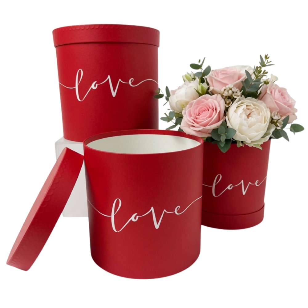 Set of 3, Cylinder Shaped Boxes, Love Design, Various Colors I W387-388