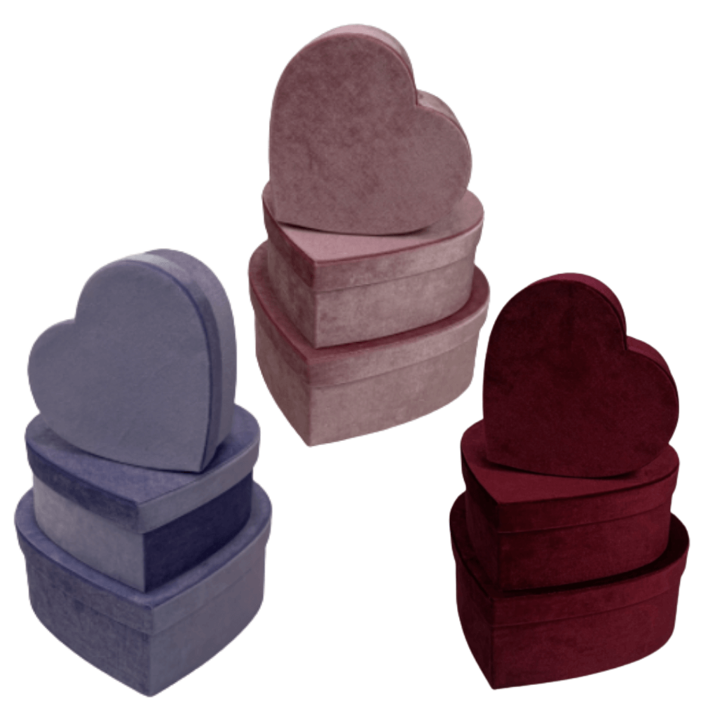 Velour Set of 3 Heart Shaped Flower Gift Boxes, Various Colors