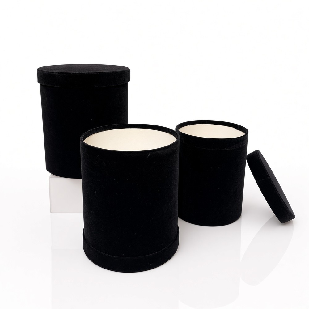 Black tall velvet round flower hat boxes with lids, nested set of 3, W006 - W0063 Black