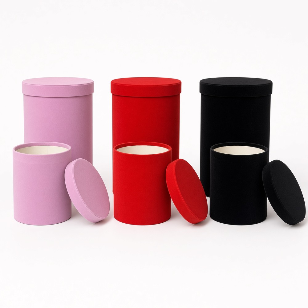 Tall velvet round flower hat boxes with lids, nested set of 3, W006 - Pink, Red, Black lineup with lids open