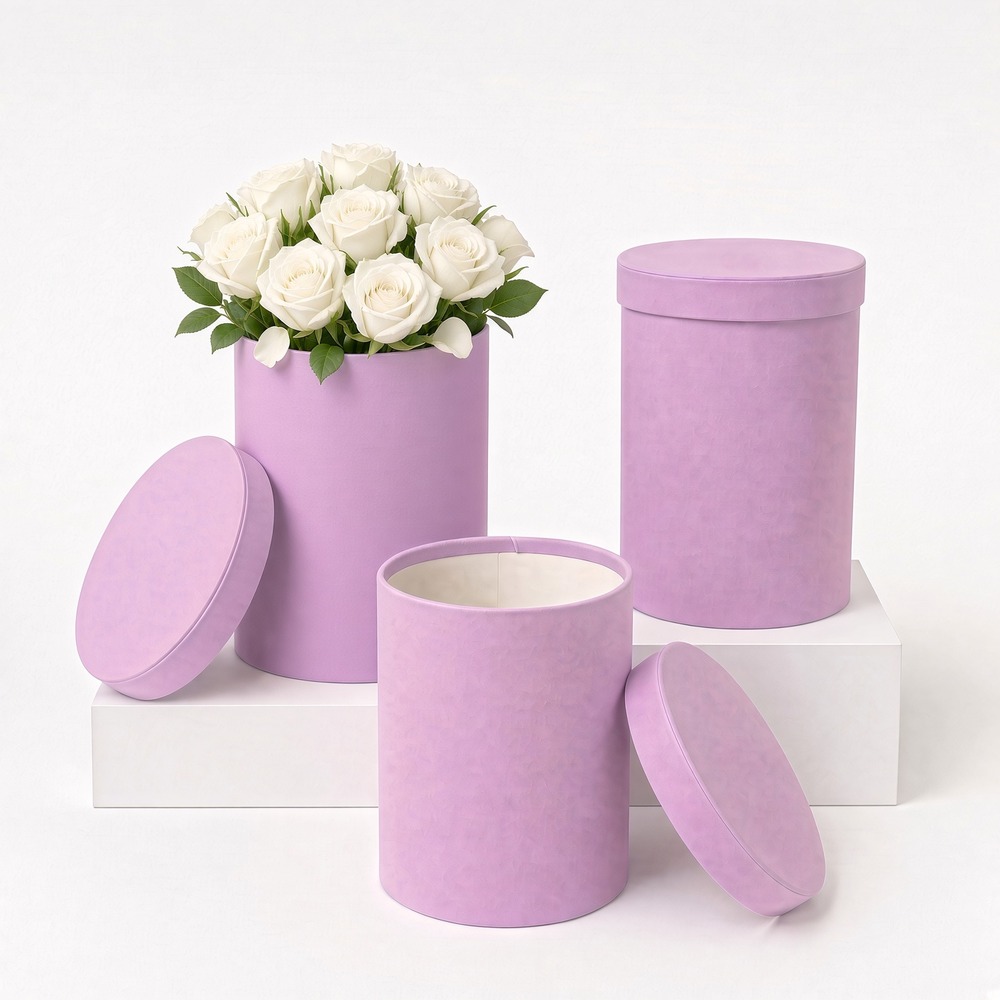 Pink tall velvet round flower hat boxes with lids, nested set of 3, W006 - W0065 Pink with white roses