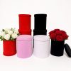 Tall velvet round flower hat boxes with lids, nested set of 3, W006 - Red, Black, Pink, White with rose arrangements