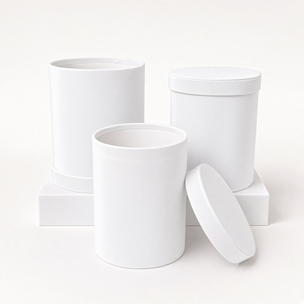 White tall velvet round flower hat boxes with lids, nested set of 3, W006 - W0064 White