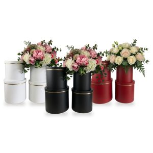 White, black and red round flower hat boxes with lids, nested set of 4, XXL Golden Rim, W932 - all 3 colors together
