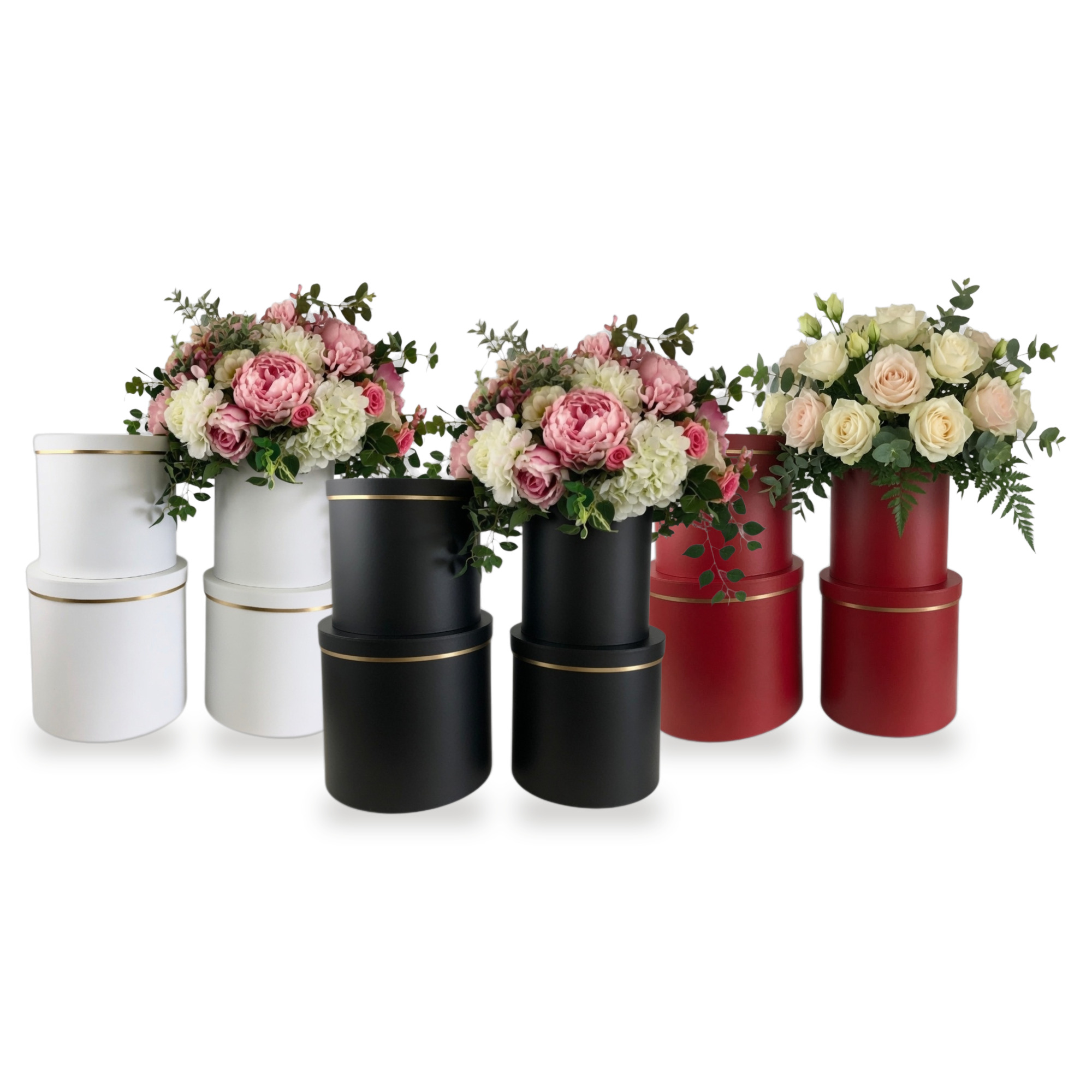 White, black and red round flower hat boxes with lids, nested set of 4, XXL Golden Rim, W932 - all 3 colors together