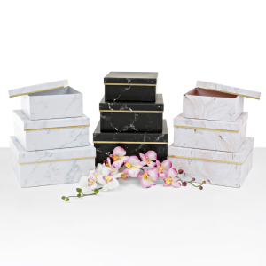 Set of 3, Square Flower Box - Marble with Golden Rim Design, Various Colors | W67